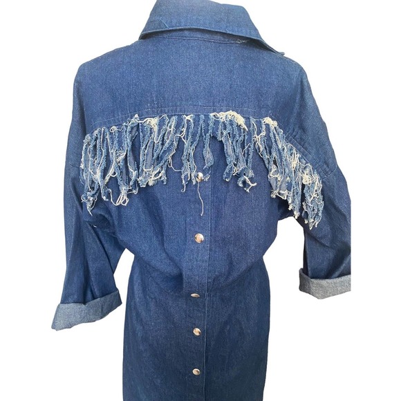 Denim Dress Fringe Western Snap Back Straight Wriggle 4 Small Vintage 80s READ - Picture 2 of 5